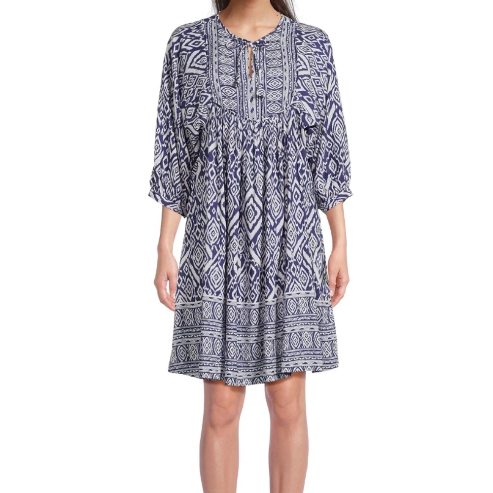 BEACH LUNCH LOUNGE DRESS Blue White Batik size XL 3/4 sleeve RESORT BoHo Coastal